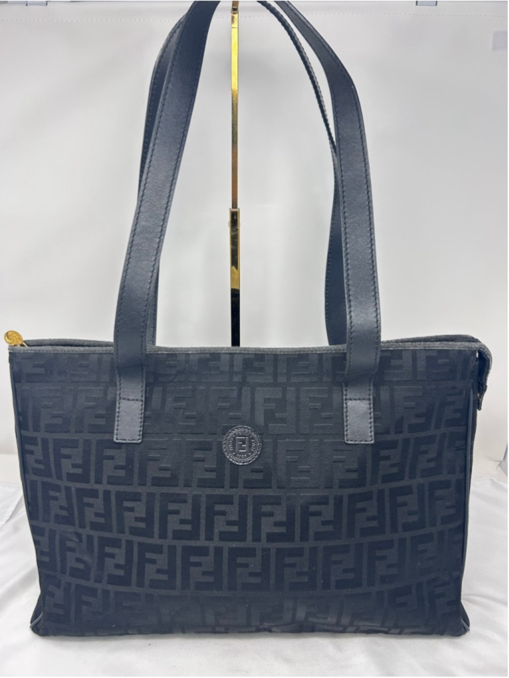 Fendi Black Zucca Monogram Canvas Leather Zip Shoulder Tote Bag